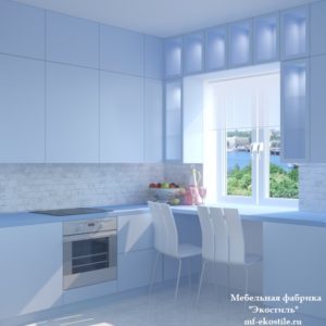 Светло-голубая кухня минимализм для малогабаритной кухни с подсветкой в шкафах и барной стойкой вдоль окна