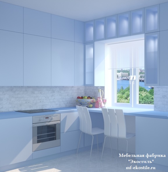 Светло-голубая кухня минимализм для малогабаритной кухни с подсветкой в шкафах и барной стойкой вдоль окна