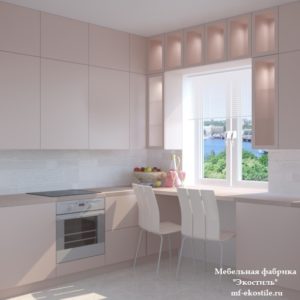 Кремовая кухня минимализм с высокими верхними шкафам под потолок для помещения размером 6 кв м