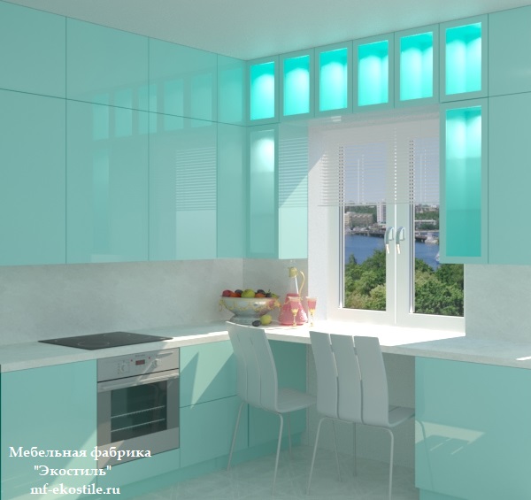 Бирюзовая маленькая угловая глянцевая кухня под потолок с барной стойкой у окна и внутренней подсветкой шкафчиков