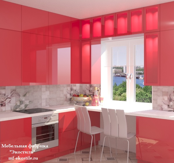 Красная яркая маленькая угловая глянцевая кухня с барной стойкой вдоль окна