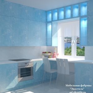 Красивая мраморная маленькая голубая кухня под потолок с барной стойкой