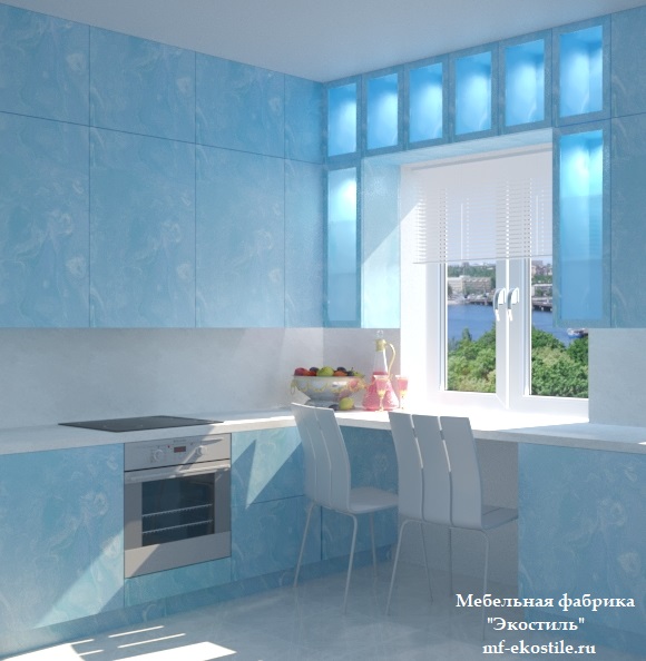 Мраморная маленькая голубая кухня под потолок с барной стойкой