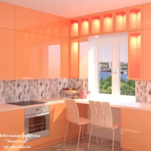 Оранжевая маленькая угловая глянцевая кухня с барной стойкой вдоль окна