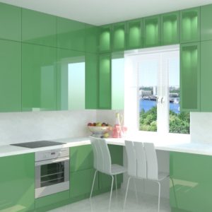 Зеленая маленькая угловая глянцевая кухня с барной стойкой