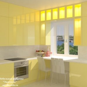 Желтая маленькая угловая глянцевая кухня с барной стойкой