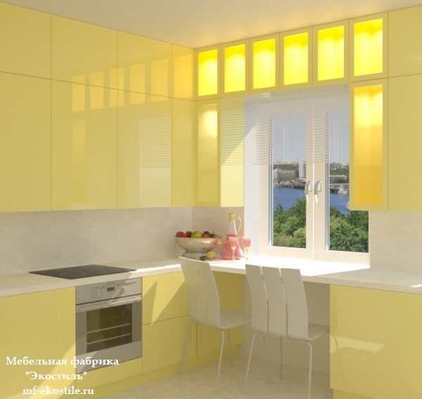 Желтая маленькая угловая глянцевая кухня с барной стойкой