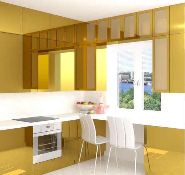 Золотая маленькая угловая глянцевая кухня с барной стойкой