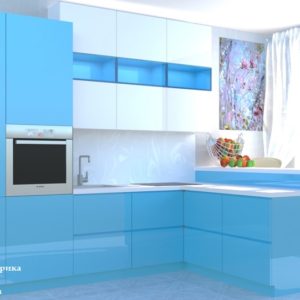 Голубая стильная маленькая угловая кухня с барной стойкой с высокими верхними шкафами под потолок