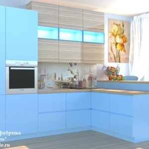 Голубая стильная маленькая угловая кухня с деревянной столешницей и с барной стойкой