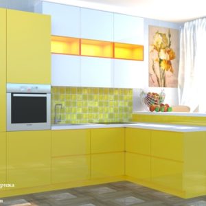 Желтая стильная маленькая угловая кухня с барной стойкой с высокими верхними шкафами под потолок