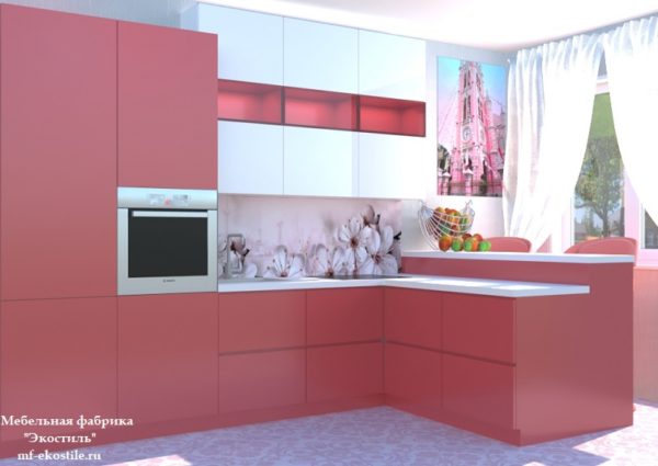 Красная стильная маленькая угловая кухня с барной стойкой с высокими верхними шкафами под потолок