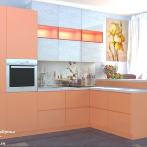 Оранжевая стильная маленькая угловая кухня с барной стойкой с высокими верхними шкафами под потолок