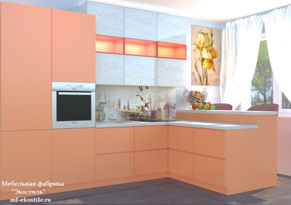 Оранжевая стильная маленькая угловая кухня с барной стойкой с высокими верхними шкафами под потолок