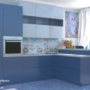 Синяя стильная маленькая угловая кухня с барной стойкой с высокими верхними шкафами под потолок