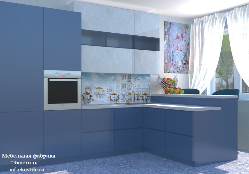 Синяя стильная маленькая угловая кухня с барной стойкой с высокими верхними шкафами под потолок