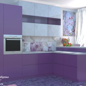 Фиолетовая стильная маленькая угловая кухня с барной стойкой с высокими верхними шкафами под потолок