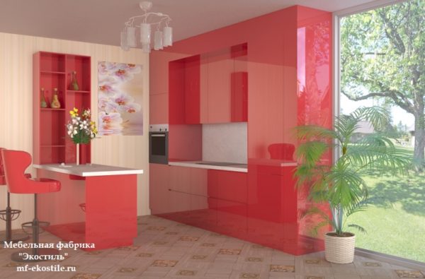 Красная современная кухня прямой формы под потолок с барной стойкой