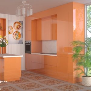 Оранжевая современная кухня прямой формы под потолок с барной стойкой