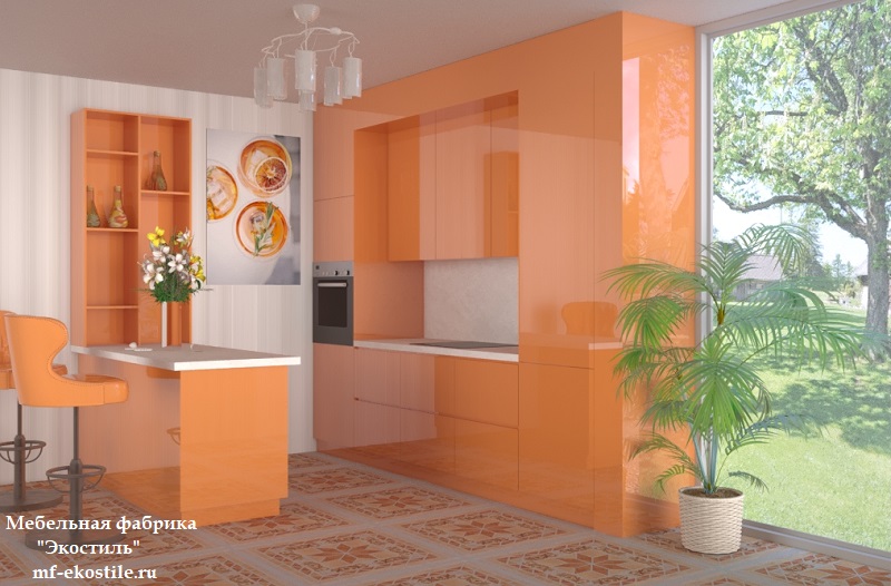 Оранжевая современная кухня прямой формы под потолок с барной стойкой