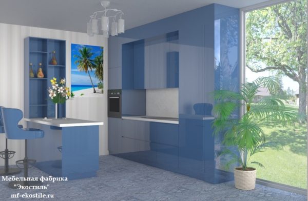 Синяя современная кухня прямой формы под потолок с барной стойкой