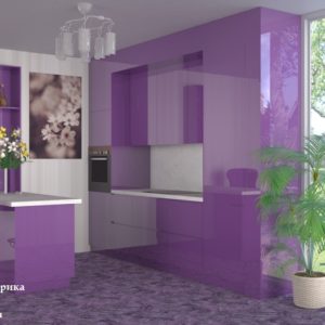Фиолетовая современная кухня прямой формы под потолок с барной стойкой