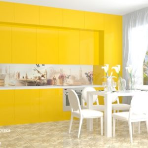 Желтая прямая кухня под потолок