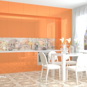 Оранжевая прямая кухня под потолок