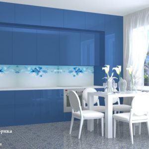 Синяя прямая кухня под потолок