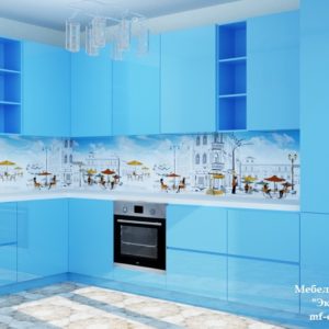 Голубая стильная кухня с левым углом
