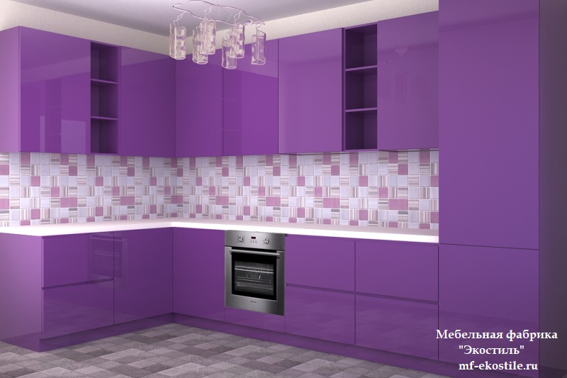 Фиолетовая стильная кухня с левым углом