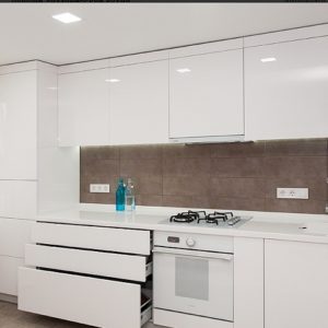Белая маленькая прямая кухня с глянцевой поверхностью в стиле минимализм