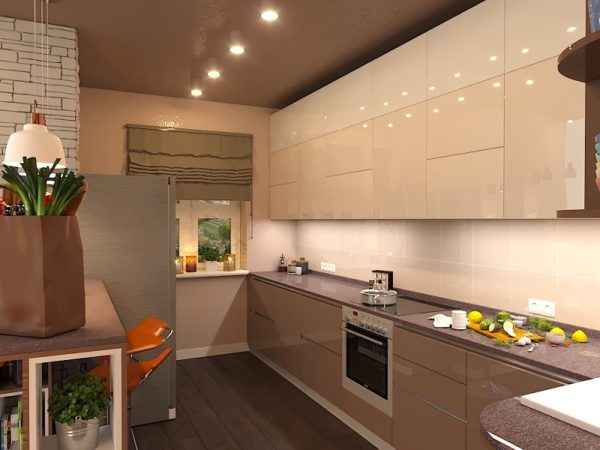Бежевая угловая красивая кухня с глянцевыми фасадами в современном стиле минимализм