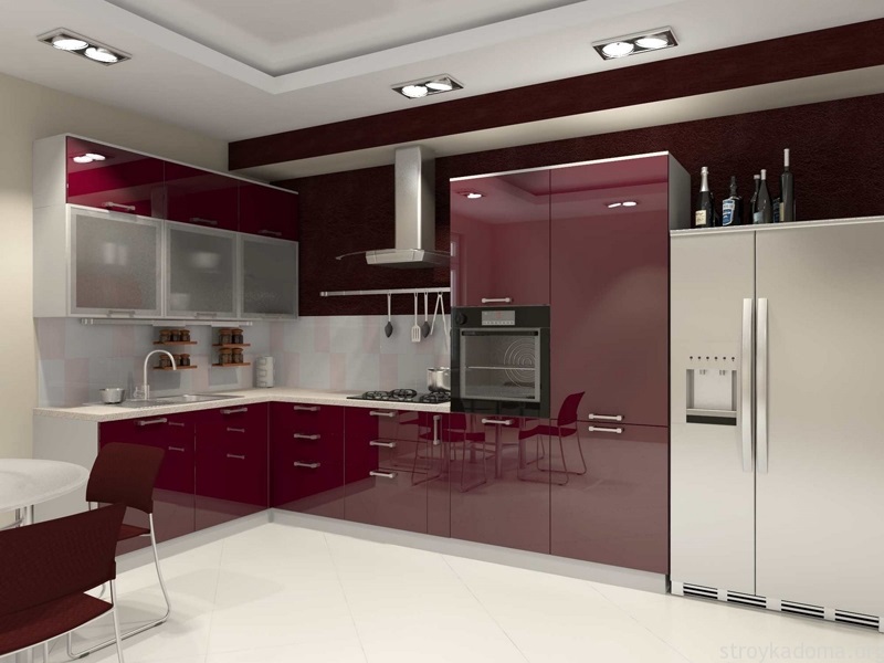 Бордовая современная глянцевая кухня с левым углом со встроенным холодильником и духовкой