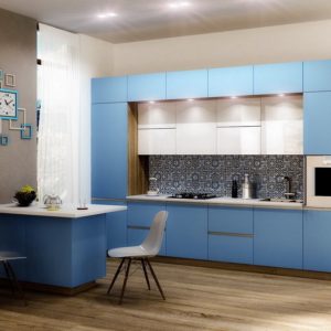 Голубая с белым современная красивая прямая матовая кухня с островом в стиле минимализм без ручек