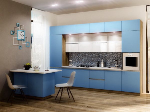 Голубая с белым современная красивая прямая матовая кухня с островом в стиле минимализм без ручек
