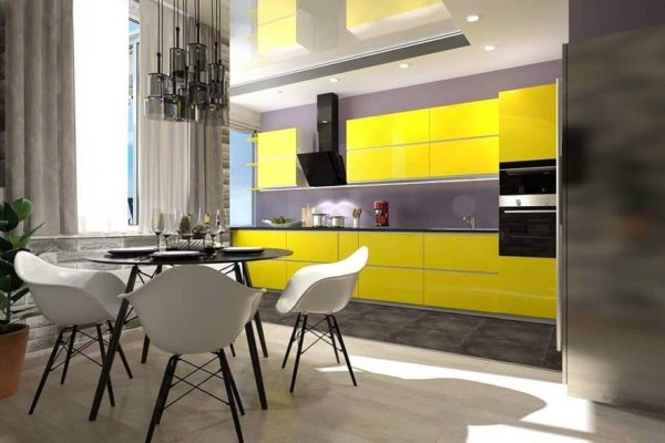 Желтая современная глянцевая угловая кухня минимализм со встроенной духовкой на уровне глаз