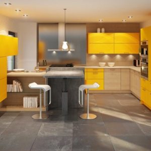 Желтая современная матовая угловая красивая кухня с барной стойкой