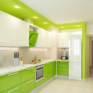 Зеленая с белым верхом современная глянцевая кухня с правым углом в стиле минимализм с подсветкой на козырьке