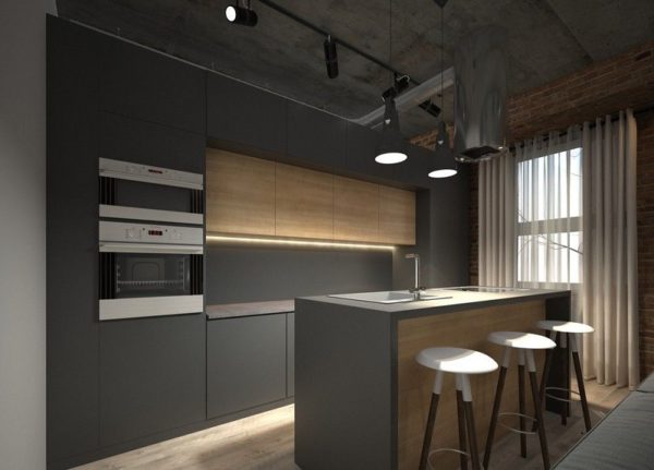 Двухцветная кухня Графит - прямая в современном стиле минимализм под потолок