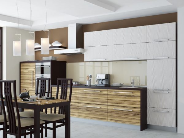 Красивая кухня Зебрано - современная прямая с белыми верхними шкафами в стиле минимализм
