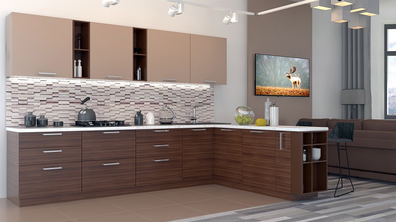 Кухня Зебрано - современная угловая с бежевыми верхними шкафами