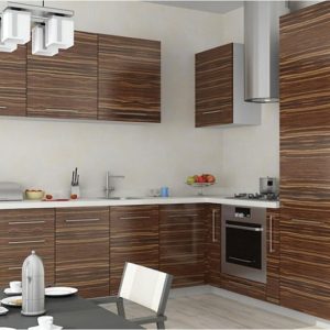 Кухня Зебрано - современная угловая со встроенным холодильником и белой столешницей