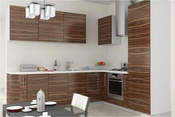 Кухня Зебрано - современная угловая со встроенным холодильником и белой столешницей