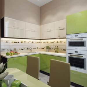 Оливковая с белым современная глянцевая кухня с левым углом со встроенным холодильником и духовкой