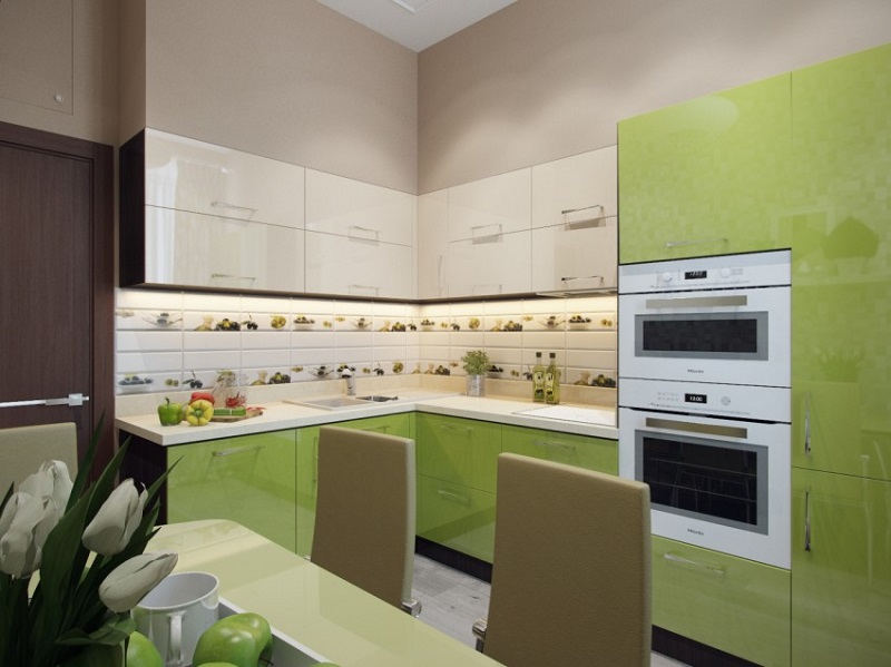 Оливковая с белым современная угловая глянцевая кухня со встроенным холодильником и духовкой