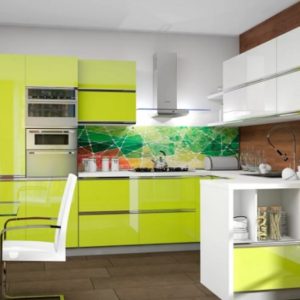 Оливковая современная угловая глянцевая кухня минимализм с белыми верхними шкафами и столешницей