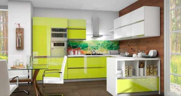 Оливковая современная угловая глянцевая кухня минимализм с белыми верхними шкафами и столешницей