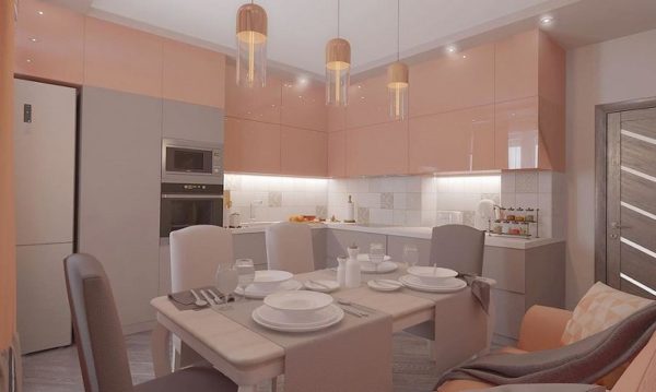 Красивая персиковая современная стильная угловая глянцевая кухня минимализм с белой столешницей