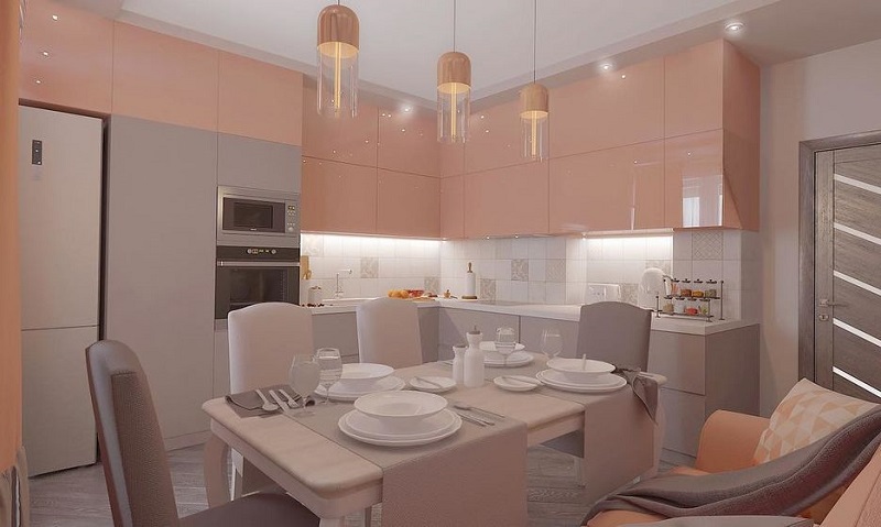 Персиковая современная стильная угловая глянцевая кухня с белой столешницей
